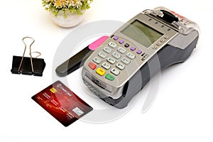 Credit debit card with reader machine shopping concept