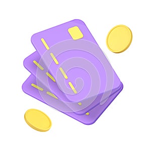 Credit debit card stack with golden coin money financial banking exchange 3d icon realistic vector