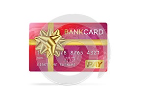 Credit or debit red card with golden ribbon. Gift card concept