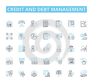 Credit and debt management linear icons set. Credirthiness, Interest, Balance, Budget, Score, Finance, Collection line