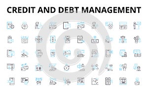 Credit and debt management linear icons set. Credirthiness, Interest, Balance, Budget, Score, Finance, Collection vector