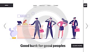 Credit Department Appointment Website Landing Page. Clients Standing in Queue Waiting Bank Worker Sitting at Desk