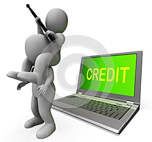 Credit Laptop Characters Show Borrowers Or Loans