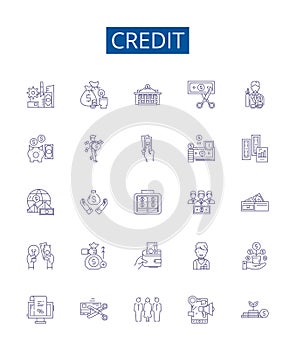 Credit line icons signs set. Design collection of Credit, Loan, Money, Card, Bank, Finance, Rate, Borrow outline concept