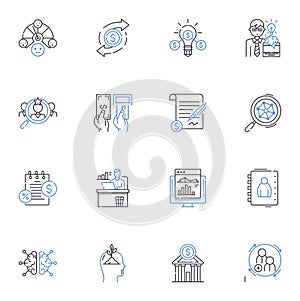 Credit Management line icons collection. Credirthiness, Scores, Reports, Counseling, Repair, Risk, Bankruptcy vector and