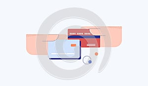 Credit payment shop delivery illustration. Online prepayment with product card in basket indication.