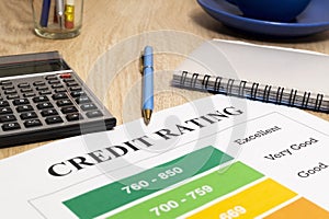 Credit rating chart with pen and calculator