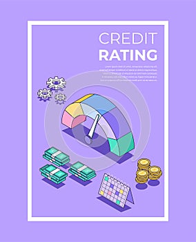 Credit rating isometric poster. Credit score template. Loan history meter or score scale. Money and point. Calculate tax. Vector