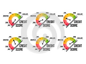 Credit rating set of banners isolated on white background. Indicator with direction arrow from bad to good. Credit score gauge.