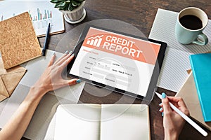 Credit report application form on screen. Business and finance concept.