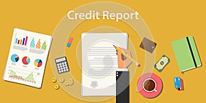 Credit report business illustration with business man signing a paper work document with graph and chart