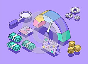 Credit report isometric scene. Credit rating score with financial meter with money and goals. Bank finance document and money