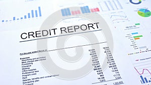 Credit report lying on table, graphs charts and diagrams, official document