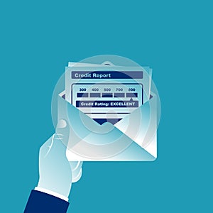 Credit report. A man holds an envelope with a credit report document