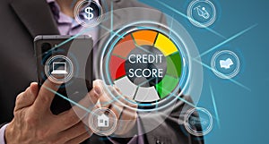 Credit report score button on virtual screen. Business Finance concept.