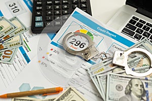 Credit report with score on a desk. High quality photo