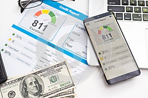 Credit report with score on a desk. High quality photo