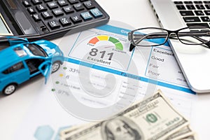 Credit report with score on a desk. High quality photo