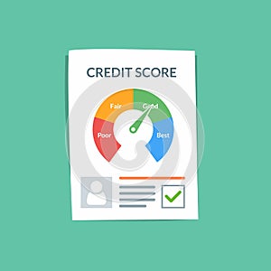 Credit score document vector concept. Personal credit history of the customer on a paper sheet. Good index of credit