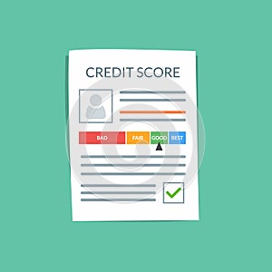 Credit score document vector concept. Personal credit history of the customer on a paper sheet. Good index of credit