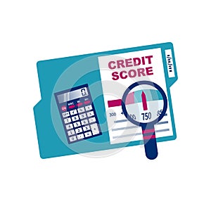 Credit score, gauge. Study credit information. Calculator and magnifying glas.