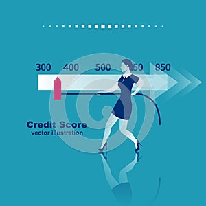 Credit score, gauge. Woman changing personal credit information.