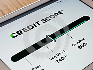 A credit score indicator on a tablet screen of a credit score