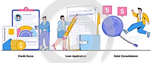 Credit score, loan application, debt consolidation concept with character. Financial stability abstract vector illustration set.