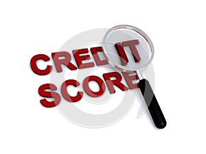 Credit score with magnifying glass on white