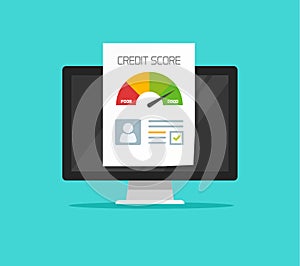 Credit score online report document on computer, flat cartoon digital ranking loan record on pc clipart