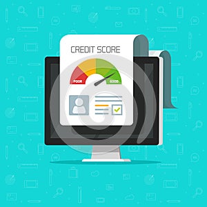 Credit score online report document on computer screen, flat cartoon digital good history ranking loan record on pc