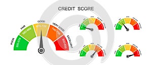 Credit score ranges icons. Loan rating scales with levels from poor to excellent. Fico report dashboard with arrow