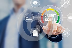 Credit Score rating based on debt reports showing creditworthiness or risk of individuals for student loan, mortgage and payment photo