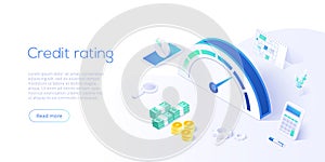 Credit score or rating concept in isometric vector illustration. Loan history meter or scale for creditworthiness report. Web