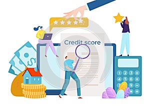 Credit score rating concept, vector illustration, flat tiny man woman people character stand near loan payment report