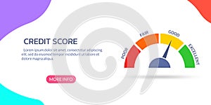 Credit score, rating or report concept with risk meter. Excellent, good, bad, poor level scale. Credit rating performance design.