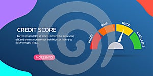 Credit score, rating or report concept with risk meter. Excellent, good, bad, poor level scale. Credit rating performance design.