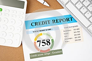 The Credit score report and calculator with computer keyboard on the desk