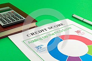 Credit score report with pen and notepad.