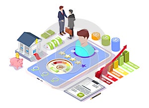 Credit score report, personal rating information online, isometric flat vector illustration.