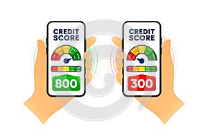 Credit score in smartphone. Finance bad or good history. Business report concept. Excellent, good, fair, uncertain and