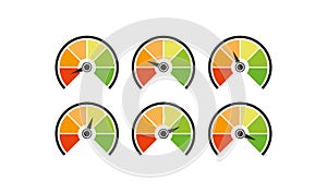 Credit score speedometer icon set. Customer satisfaction meter illustration symbol. SIgn level speed vector