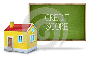 Credit score text on blackboard with 3d house