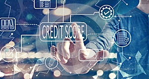 Credit score theme with a man on city background