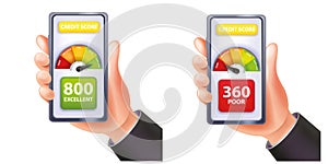 Credit score vector meter app concept, hand holding smartphone, personal finance business rating.