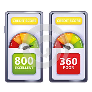 Credit score vector meter app concept, smartphone screen, personal finance business rating.