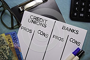 Credit Unions Vs Bank text on Document form isolated on office desk. Pros and cons photo