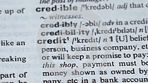 Credit word meaning in english dictionary, loan for business, promise to pay