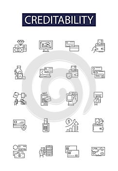 Creditability line vector icons and signs. Reputable, Trustworthiness, Reliable, Veracity, Integrity, Honest, Legitimate
