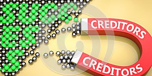 Creditors attracts success - pictured as word Creditors on a magnet to symbolize that Creditors can cause or contribute to